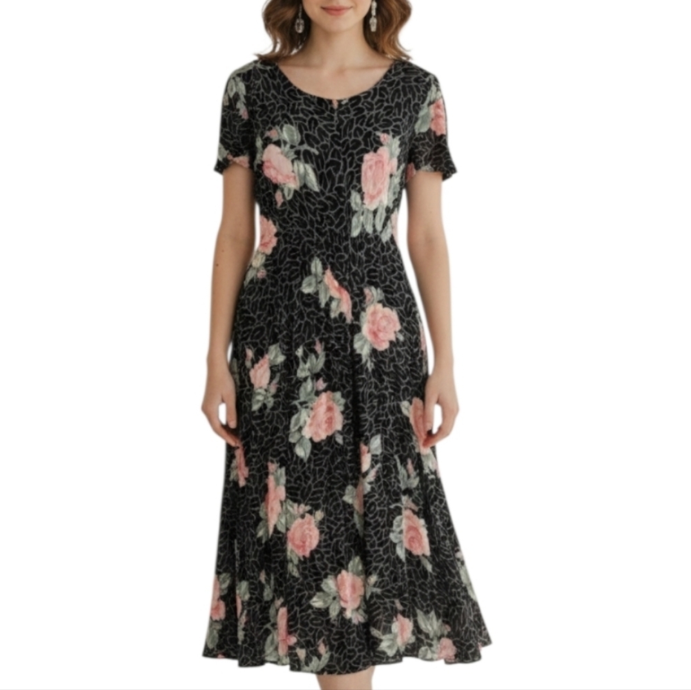 Vintage Starina Black Pink Rose Floral Midi Dress Large Romantic 90s Whimsygoth